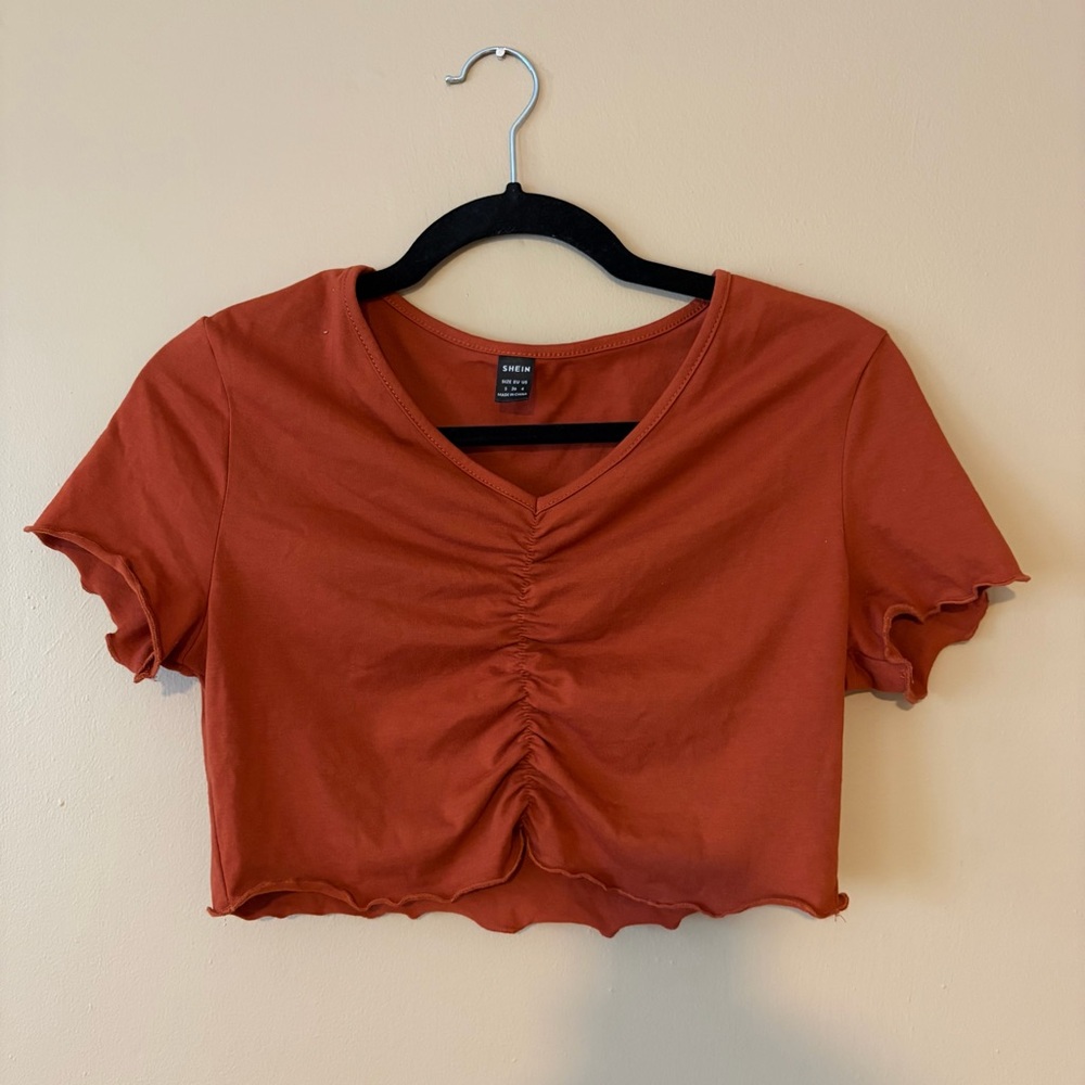 SHEIN Terracotta Ruched V-Neck Crop Top